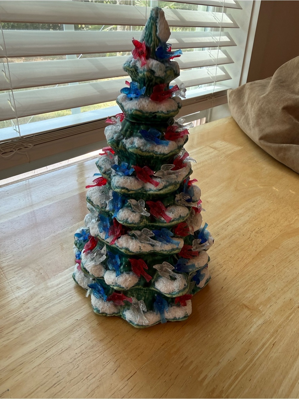 Vintage antique Green Ceramic Holiday Tree with Red & Blue Lights